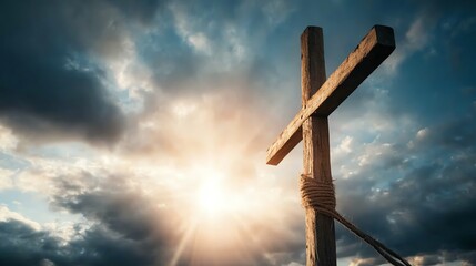 A wooden cross stands tall against a dramatic sky, illuminated by radiant sunlight, symbolizing faith and hope.