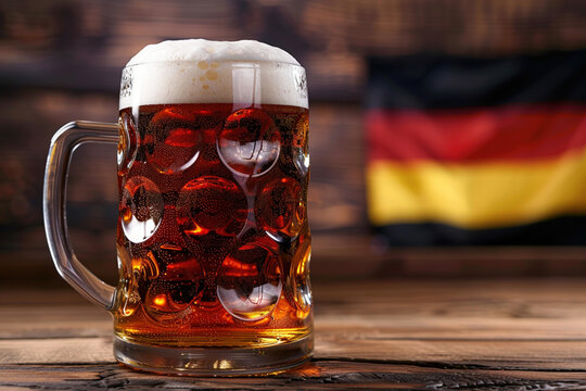 Kvass or beer in big glass mug with a foamy head, on table in local tavern or bar with German flag on background. Relaxation having nice time spending learning more about local traditions concept