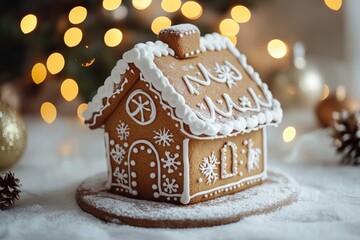 Gingerbread house standing on snow with christmas lights in background