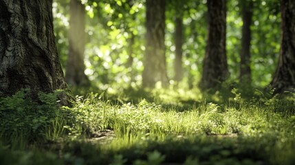 A tranquil forest scene with sunlight filtering through lush greenery and a carpet of grass beneath tall trees.