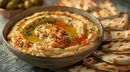 Fototapeta premium Hummus Dip with Pita Bread and Olive Oil Drizzle