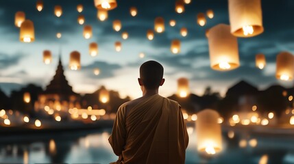 A serene monk gazes at floating lanterns in the night sky, creating a tranquil and contemplative atmosphere by the water.