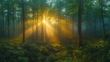 Obraz premium Sun shining through fog and trees in lush green forest