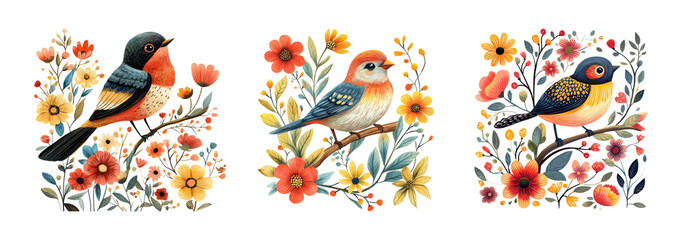 Fototapeta premium Artistic Birds and Flowers Illustrations With Vibrant Colors