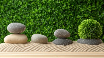 Tranquil Zen Garden Landscape with Raked Sand and Rocks for Mindfulness Meditation and Copy Space.