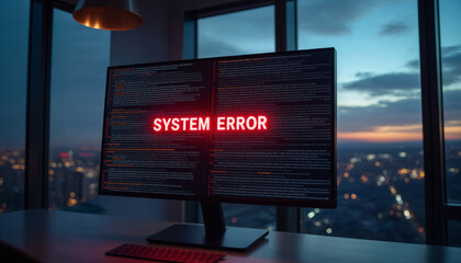 A computer monitor with the words "system error" written on it