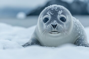 Baby harp seal relaxing on snow with snowflakes on fur