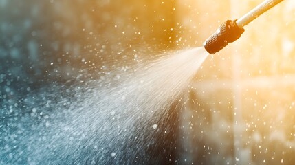 A dramatic shot of a power washer in action, water spray covering a dirty wall as it cleans