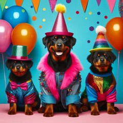 Creative animal concept. Group of Rottweiler dog puppy in funky Wacky wild mismatch colourful outfits on bright background advertisement, copy space. birthday party invite invitation banner
