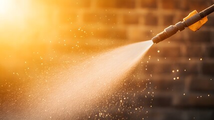 A high-pressure washer blasting away layers of dust and decay from an ancient wall, the contrast between old grime and fresh surface
