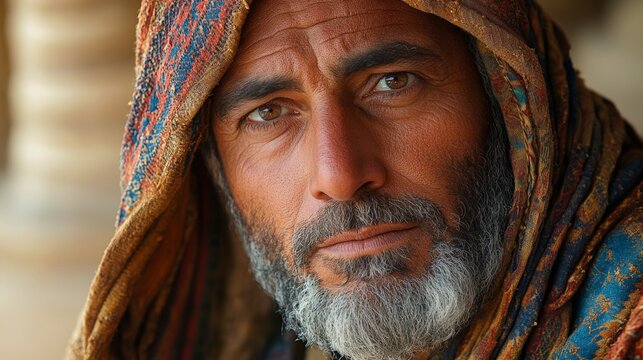 An Iraqi man in a dishdasha, standing near the ancient ziggurat of Ur with the golden sands of Mesopotamia stretching out behind him. His expression is one of deep contemplation, connecting with the