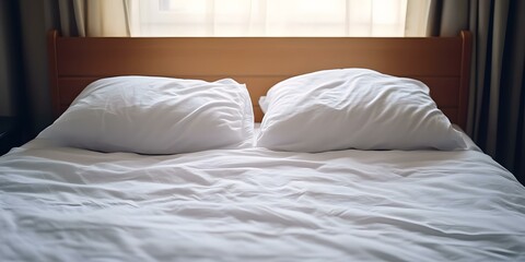 White Bed with Two Pillows and Wooden Headboard