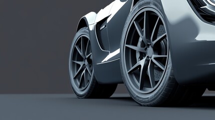 Close-up view of a modern car wheel showcasing sleek design, detailed rim, and polished surface against a dark background.