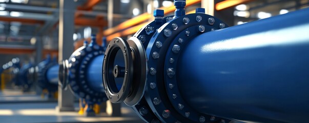 Fototapeta premium Close-up view of industrial pipes featuring blue coating and metallic fittings in a well-lit factory setting.