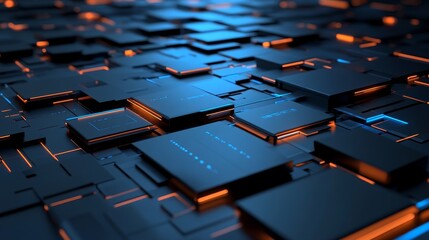 Fototapeta premium Futuristic abstract design featuring glowing blue and orange squares arranged in a modern digital landscape.