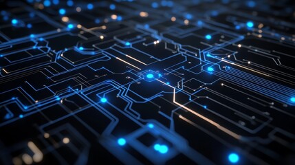 Futuristic circuit board with glowing blue lights on a dark background, symbolizing technology and digital connectivity.