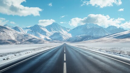 Straight asphalt highway road and snow mountains with sky clouds natural landscape. generative ai
