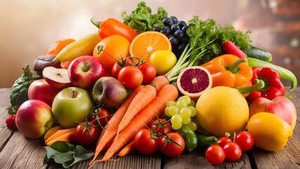 Close-up of vibrant fresh fruits and vegetables arranged in a balanced layout on a wooden table, symbolizing healthy gut nutrition and natural wellness