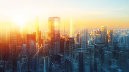 Majestic city skyline illuminated by golden sunrise, showcasing modern architecture and a serene urban atmosphere.