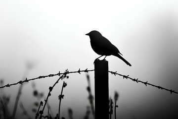 A silhouette of a bird perched on a barbed wire post against a foggy background.