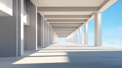 Fototapeta premium Modern architectural space featuring clean lines, natural light, and a sense of openness under a bright blue sky.