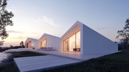Fototapeta premium Modern architectural design featuring minimalist white houses with large windows, serene landscape, and tranquil evening ambiance.