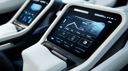 Obraz premium Modern car interior showcasing advanced touchscreen display with user interface and controls for a high-tech driving experience.