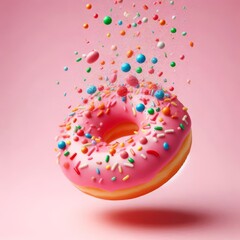 Creative food template. Pink frosting donut doughnut floating flying with dropping colourful sprinkles on pastel background
