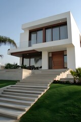 Modern White House with Stone Stairs and Green Lawn