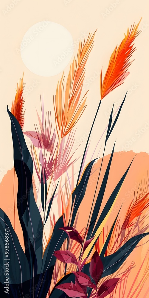 Sticker Abstract Tropical Leaves and Flowers Illustration