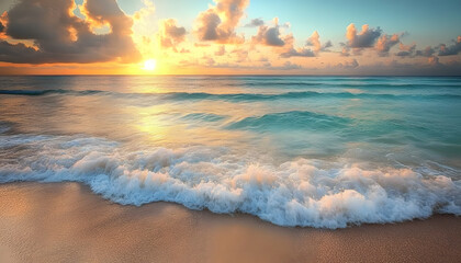 Obraz premium Crystal-clear turquoise waters with gentle waves lapping at a pristine beach under a golden sunset
