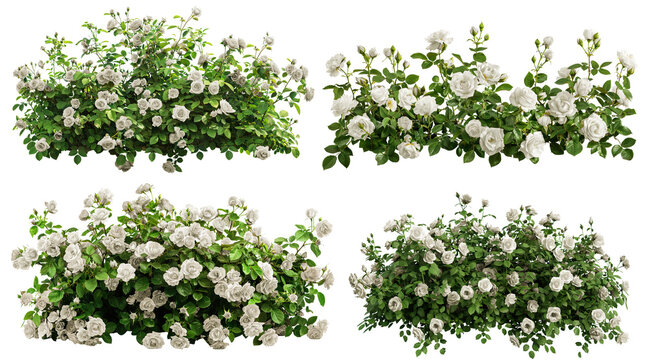 Set of beautiful white roses with lush green leaves, cut out