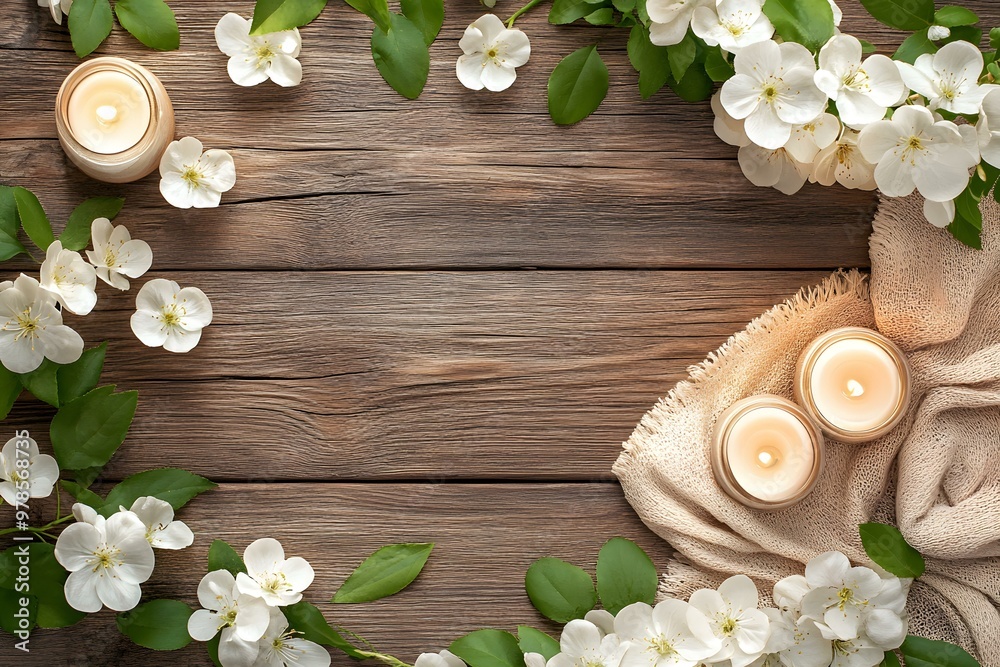 Wall mural White Flowers and Candles on Wooden Background