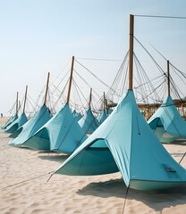 Naklejka premium Blue Tents Set Up On A Sandy Beach