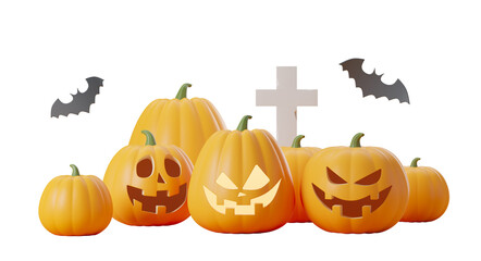 Halloween pumpkins with carved faces, bats, and a cross. The pumpkins are arranged in a group. white background. Concept of Halloween. 3D Rendering