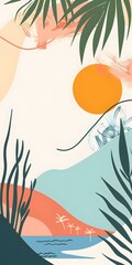 Abstract Tropical Sunset Illustration with Palm Trees and Ocean