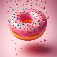 Creative food template. Pink frosting donut doughnut floating flying with dropping colourful sprinkles on pastel background
