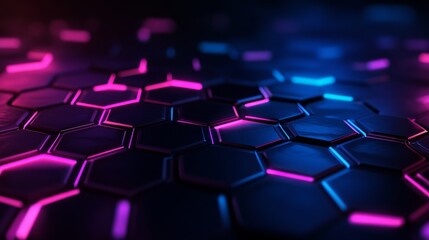 Floating hexagonal shapes with neon edges, glowing in a multicolored gradient, deep shadows adding depth, futuristic digital art, smooth 3D transitions, dark tech background