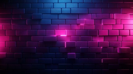 Futuristic abstract brick wall with glowing neon outlines, floating bricks in disarray, deep purple and electric blue hues, sci-fi aesthetic, sharp contrasts, 3D rendering