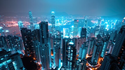 City skyline illuminated at night, vibrant lights reflecting off buildings, creating a stunning urban landscape, perfect for high-definition wallpaper enthusiasts