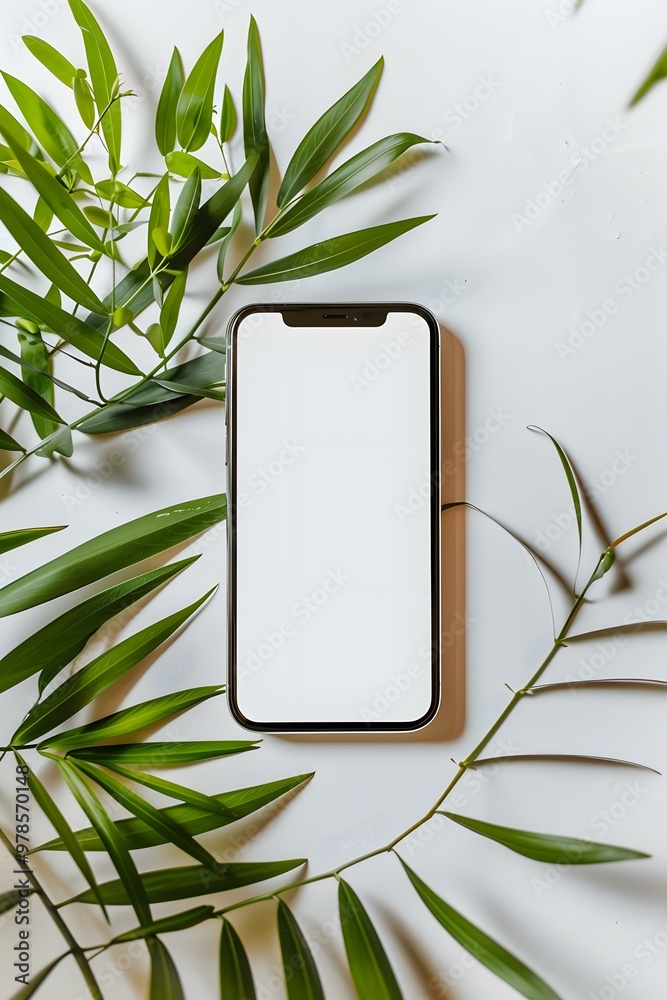 Canvas Prints White Background Smartphone Mockup with Green Leaves