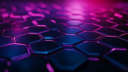 Futuristic hexagon grid with neon blue and purple glow, layered 3D effect, cyberpunk style, dark sleek background, glowing edges