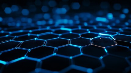 Fototapeta premium Futuristic hexagonal grid, transparent layers with neon blue glow, soft transitions, glassy texture, clean modern design, blue and white color scheme