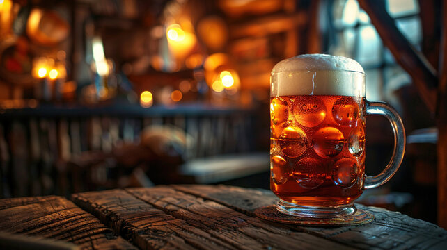 Traditional cold kvass or beer in big glass mug with a foamy head, on a rustic wooden table in local tavern or bar. Relaxation having nice time spending learning more about local traditions concept