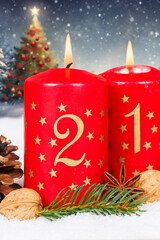 Second 2nd Sunday in advent with burning candle Christmas tree time portrait format and copyspace copy space