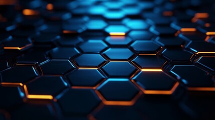 Obraz premium Futuristic hexagonal tiles, neon blue lights, gradient effect, sleek metallic surface, dark ambiance