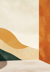 Abstract Beige Orange and Green Wall with Wood Floor