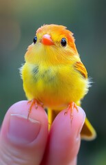 The world's tiniest bird, a yellow and orange miniature bird perched on the tip of someone's finger AI photo