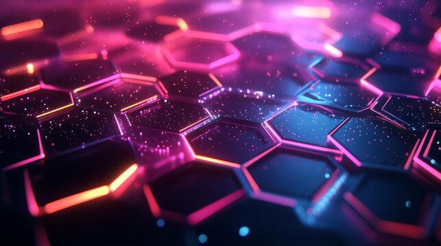 Futuristic hexagons with holographic effects, shimmering iridescent hues, layered and transparent, abstract tech design, glowing neon edges, smooth, flowing light