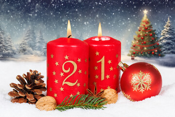 Second 2nd Sunday in advent with burning candle Christmas tree time and copyspace copy space